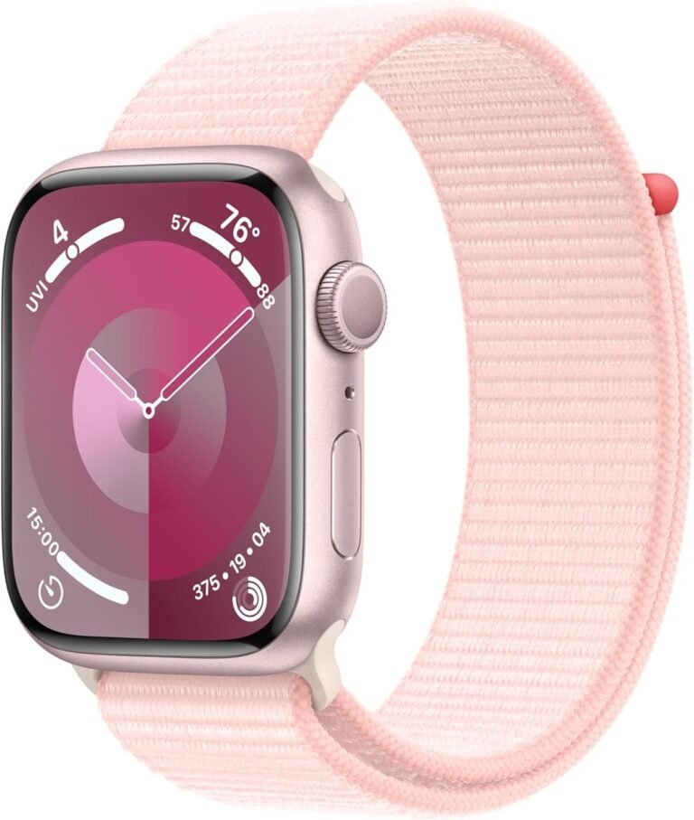 Apple Watch Series 9 [GPS 45mm] Smartwatch with Pink Aluminum Case with Light Pink Sport Loop One Size. Fitness Tracker, ECG Apps, Always-On Retina Display, Carbon Neutral