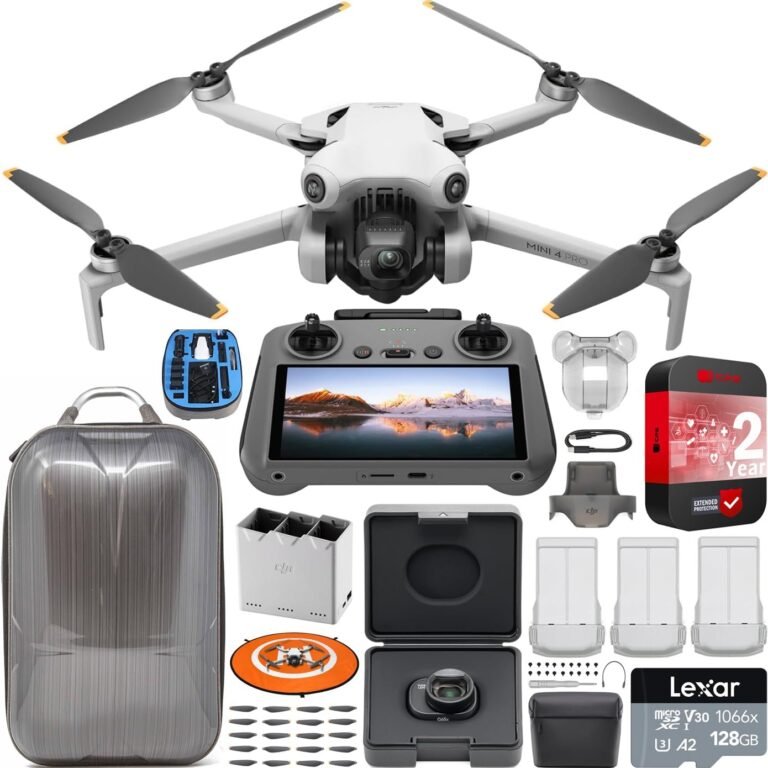 DJI Mini 4 Pro Folding Drone with RC 2 Remote (With Screen) Fly More Combo Plus, 4K HDR Video Camera, Under 249g, 3 Plus Batteries Bundle w/Wide-Angle Lens + Deco Gear Hard Case & Accessories