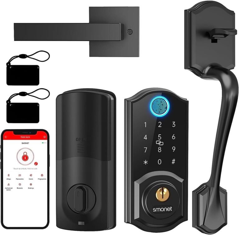 Smart Lock Front Door, SMONET Keyless Entry Door Lock with Handle, Smart Front Door Lock Set Fingerprint Smart Deadbolt Bluetooth Electronic Digital Keypad Lock,Auto Lock Work with Alexa,Black