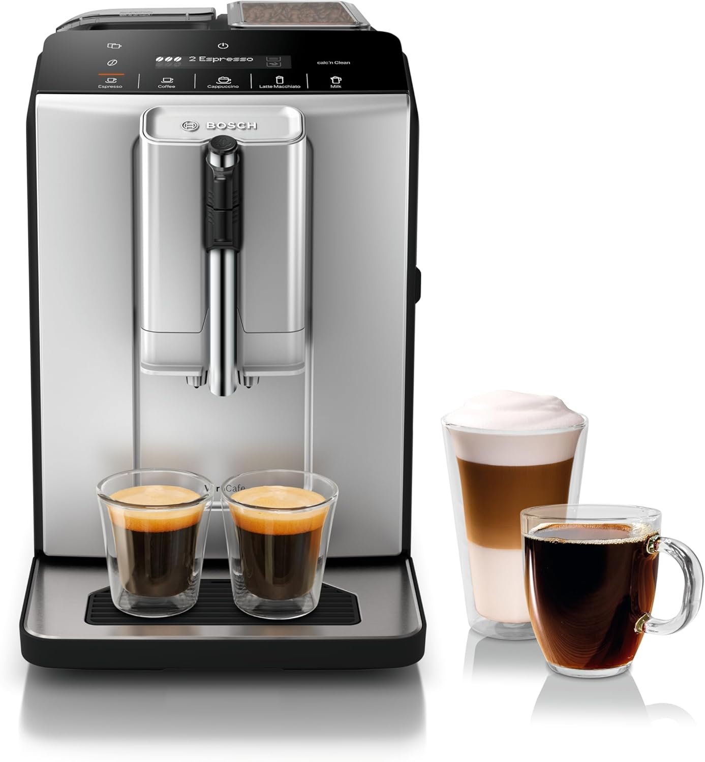 Bosch TIU20307 300 Series Fully Automatic Espresso Machine with Milk Express (in-cup frother), LCD + Touch Control Panel, OneTouch Milk-based Beverages and 5 Beverage Options, in Silver